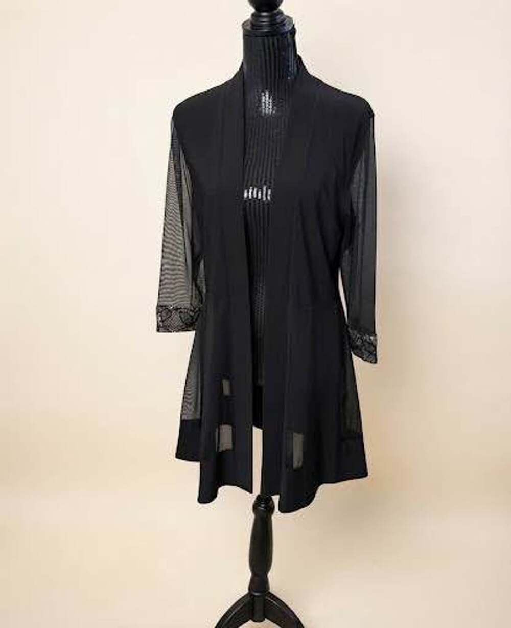 R&M Richards Black Mesh Sequin Lace Duster Cardigan Jacket Formal Evening